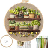 FONNUY Green Plant Embroidery Kit, Petite Potted Plants Patterns, Cross Stitch Kits for Adults and Beginners, Handmade Crafts with Printed Pattern Set, Thread Needlework, 8'' Hoop (Green A01)