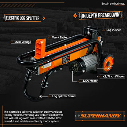 SuperHandy Log Splitter Electric Portable 6 Ton Ram System 1-3/4eHP 15Amp 1500Watt Motor Horizontal Full Beam with Steel Wedge for Fire Wood - WoodArtSupply