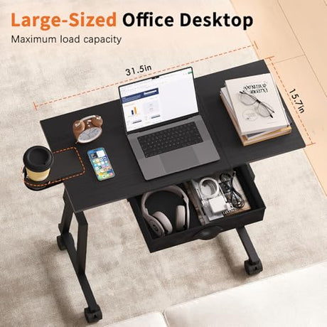Adjustable Height Standing Desk with Drawer, Rolling Sit to Stand Up Desk with Wheels Height 31.5"-43.3" Small Mobile Laptop Standing Desk for Treadmill Walking Pad, Movable Classroom Podium (Black) Honkazita