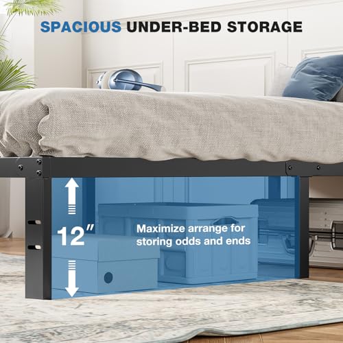 OLIXIS Metal Twin Bed Frame - 14in High with Storage Space, No Box Spring Needed with Sturdy Steel Slat Support, 800LBS Heavy Duty for Easy Assembly, Black for Bedroom OLIXIS