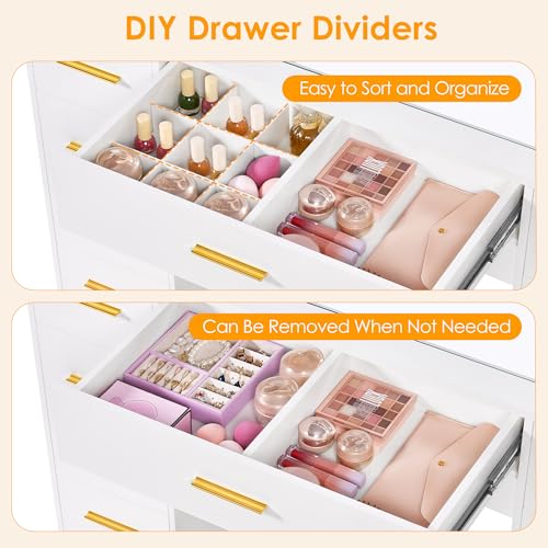 ANWBROAD 49.2" Large Vanity Desk with Mirror and Lights White Makeup Vanity Desk with Glass Top and Power Outlet 8 Drawers Nightstand 5 Hooks Vanity Table with Stool for Bedroom Women Girls UBDT88W ANWBROAD