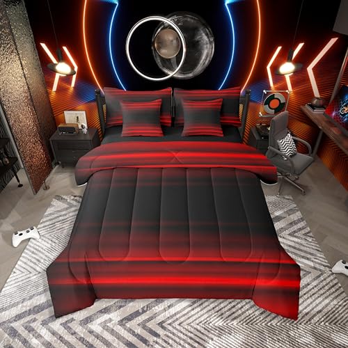 Erosebridal Red Black 7 Piece Bedding Set Twin Ombre Comforter Set with Sheets Abstract Teens Art Gradient Bed in A Bag Kids Girls Boys Bed Sets Erosebridal