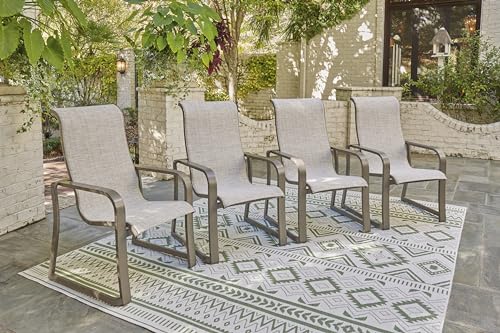 Signature Design by Ashley Beach Front Casual Outdoor Stackable Faux Leather Sling Arm Chair, Set of 4, Light Brown Signature Design by Ashley