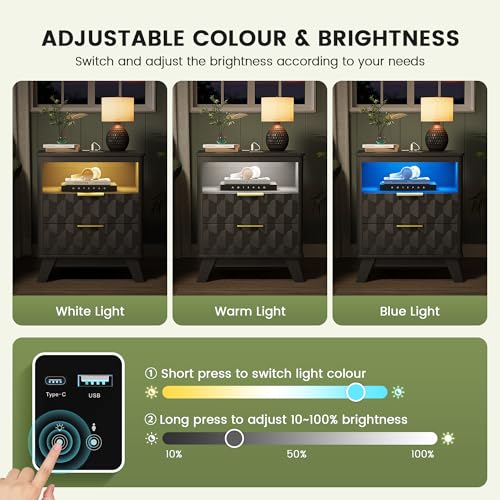Gurexl 3-Color LED Night Stands Set of 2, Modern Nightstand with Charging Station&Human Body Sensing, 2-Drawer Wood Bedside Table for Bedroom,Black Gurexl