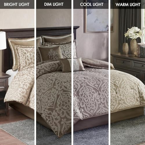 Madison Park Odette Cozy Comforter Set Jacquard Damask Medallion Design - Modern All Season, Down Alternative Bedding, Shams, Decorative Pillows, Cal King(104 in x 92 in), Tan 8 Piece Madison Park