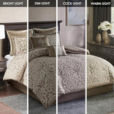 Madison Park Odette Cozy Comforter Set Jacquard Damask Medallion Design - Modern All Season, Down Alternative Bedding, Shams, Decorative Pillows, Cal King(104 in x 92 in), Tan 8 Piece Madison Park