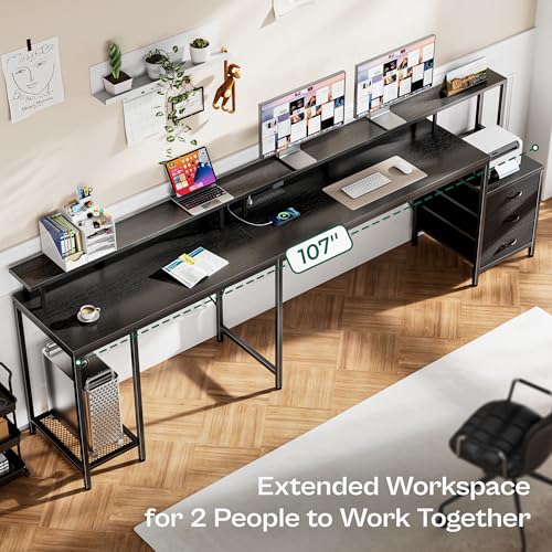 Huuger L Shaped Gaming Desk with LED Lights and Power Outlets, Computer Desk with 3 Drawers, 66.1 Inches Corner Desk, Home Office Desk with Printer and Monitor Stand, Large Storage Space, Bla - WoodArtSupply