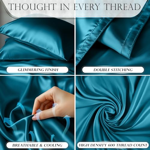 DECOLURE Satin Bed Sheets - 6 Piece Luxury Silky Queen Size Bedding Set - Softer Than Silk, Wrinkle-Free with 15” Deep Pocket Fitted Sheet, Perfect for Hair & Skin, Gifts for Women (Sea Teal) DECOLURE