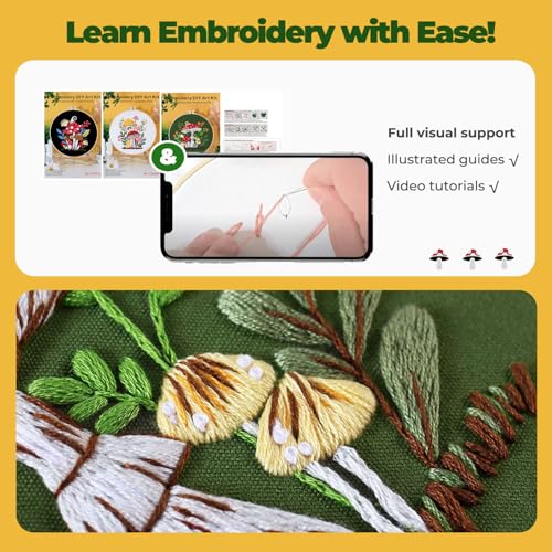 SunorthLife Embrodiery Kit for Beginners, Embrodiery Starter Sets for Adults Including Embrodiery Patterns, Threads, Needles, Hoop (Mushroom)