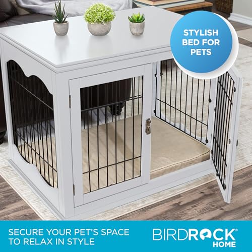 INTERNET'S BEST Decorative Dog Kennel with Pet Bed, Small Pet House, Double Door Indoor Crate, Engineered Wood & Wire Furniture, Side Table & Nightstand, Fits Small Dogs - White Internet's Best