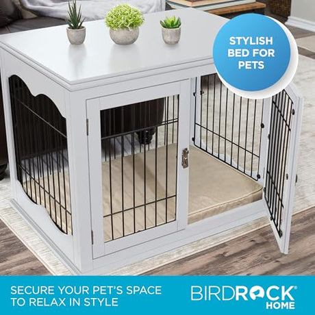 INTERNET'S BEST Decorative Dog Kennel with Pet Bed, Small Pet House, Double Door Indoor Crate, Engineered Wood & Wire Furniture, Side Table & Nightstand, Fits Small Dogs - White Internet's Best