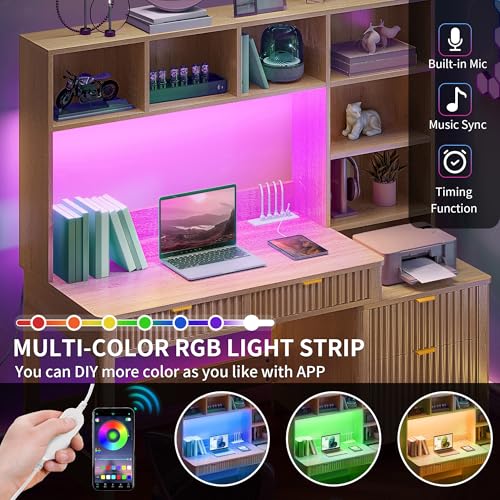 YITAHOME Computer Desk with Hutch and Drawers, 55" Office Desk with Storage Shelves and Printer Stand, Gaming Desk with Power Outlets & LED Lights, Fluted Sturdy Writing Workstation, Natural Oak YITAHOME