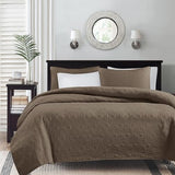 Madison Park Quebec Quilt Set - Luxurious Damask Stitching Design, Cotton Filled Lightweight Coverlet Bedspread Bedding, Shams, Full/Queen(90"x90"), Mocha 3 Piece Madison Park