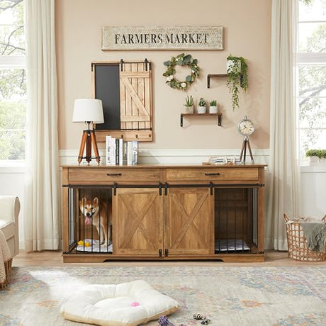 72.5" XXL Wooden Dog Crate Furniture for 2 Large Breeds, Extra Large Double Dog Kennel with Divider, Drawers & Barn Door, Water Resistant Furniture-Style Dog Cage, Rustic Oak EDYO LIVING
