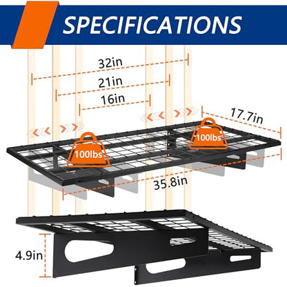 2-Pack 1.5x3FT Garage Shelving 17.7-inch-by-35.8-inch Wall Shelf Garage Storage Rack Wall Mounted Floating Shelves, Black