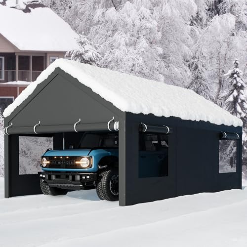 Walsunny Carport, 12x20 ft Heavy Duty Carport Canopy with Roll-up Windows, Portable Garage with Removable Sidewalls & Doors, Car Canopy with All-Season Tarp for Car, Truck, Boat Walsunny