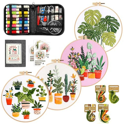 Irosiy 4 Pack Embroidery Kit for Beginners - 4 Cute Plant Pot Patterns, All-Inclusive Starter Set with Pre-Printed Canvas, Hoops - Handmade Home Decor Gift for DIY Craft Lovers