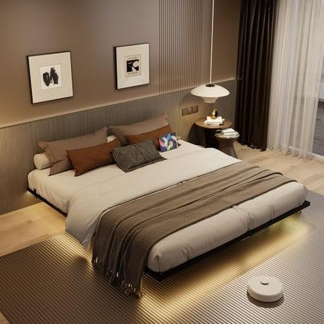 Muluflower Floating Bed Frame California King Size with Charging Station and LED Lights, Metal Platform Bed Frame, No Box Spring Needed, Easy Assembly, (California King) Muluflower