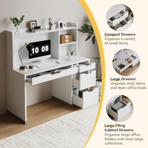 MaverickFurni White Desk with Hutch and Drawers, 53 Inch Computer Desk with Storage File Drawer, White Study Desk with 4 Drawers for Bedroom, Small Space MaverickFurni