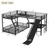 KLMM Twin Over Full L-Shaped Metal Triple Bunk Bed with Twin Size Loft Bed,Slide and USB Ports,for Kids Teens Adults Bedroom Use (Black/Slide, Twin Over Full) KLMM