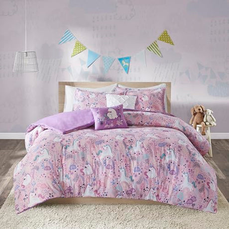 Intelligent Design Kids 100% Cotton Comforter Set - Fun Print and Vibrant Color Modern Design All Season Cozy Bedding, Matching Shams, Decorative Pillow, Full/Queen, Unicorn Reversible Pink Intelligent Design
