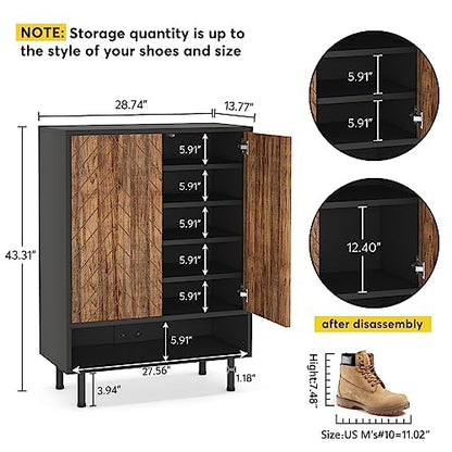 LITTLE TREE Shoe Cabinet with Doors, 6-Tier Modern Shoe Storage Cabinet with Adjustable Shelves, Wooden Free Standing Shoe Storage for Entryway, Hallway, Closet