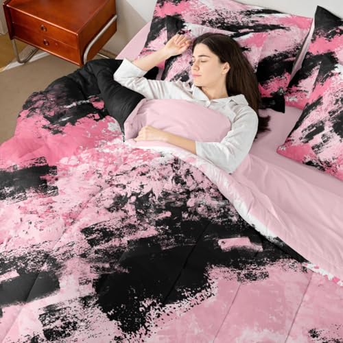 Feelyou Pink and Black Comforter Set with Sheets King Size Abstract Minimalist Bedding Set for Boys Girls Modern Geometric Bed in a Bag 7 Pieces Microfiber Feelyou