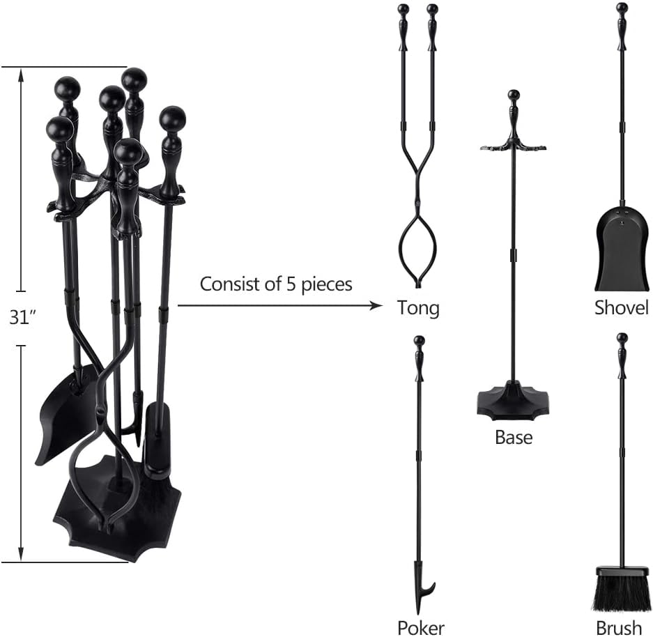 AMAGABELI GARDEN & HOME 5 Pcs Fireplace Tools Sets Black Handle Wrought Iron Large Fire Tool Set and Holder Outdoor Fireset Fire Pit Stand AMAGABELI GARDEN & HOME