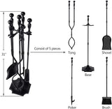 AMAGABELI GARDEN & HOME 5 Pcs Fireplace Tools Sets Black Handle Wrought Iron Large Fire Tool Set and Holder Outdoor Fireset Fire Pit Stand AMAGABELI GARDEN & HOME
