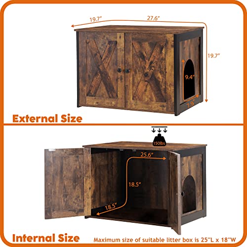 DWANTON Litter Box Enclosure, Cat Litter Box Furniture Hidden, Reversible Entrance Can Be on Left or Right Side, Wooden Cat Washroom Indoor, Fit Most of Litter Box, Rustic Brown, 27.6 Inches