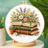 Zhenqing Books and Flowers Embroidery Kit for Beginners, Pre-Printed 29x29cm Cotton Fabric with 20cm Hoop, Literary and Nature Themed Design for Home Decor (JC0003)