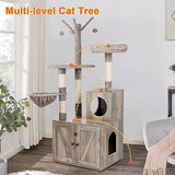 Timberer Litter Box Enclosure with Cat Tree, Wooden Cat House with Cat Tree Tower, Hidden Cat Litter Box Furniture with Scratching Post, Modern Cat Condo, Grey Timberer
