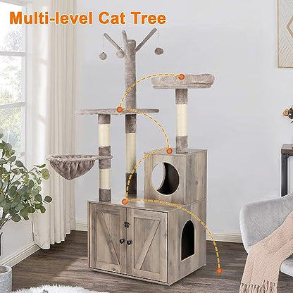 Timberer Litter Box Enclosure with Cat Tree, Wooden Cat House with Cat Tree Tower, Hidden Cat Litter Box Furniture with Scratching Post, Modern Cat Condo, Grey - WoodArtSupply