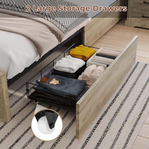 Hasuit Rustic Oak Queen Bed Frame with Bookcase Headboard, LED Lights, Charging Station & 2 Drawers Hasuit