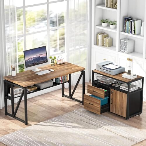 LITTLE TREE 55" Executive Computer Desk and lateral File Cabinet, L Shaped Office Desk for Home Office,Set Furniture,Walnut - WoodArtSupply