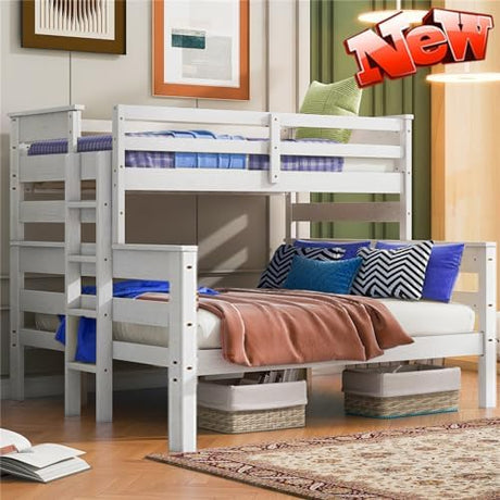 Kntyr Upgraded Version Thicken Solid Wood Twin XL Over Queen Bunk Bed, Best Wooden Twin Over Queen Bunk Bed, Bunkbed Frame Queen Size, Convertible into 2 Beds, Easy to Assemble for Adult (White) Kntyr