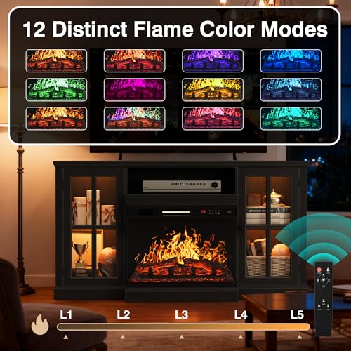 YESHOMY Glass Fireplace TV Stand for Televisions up to 65", Media Entertainment Center Console Table with Led Lights, Black YESHOMY