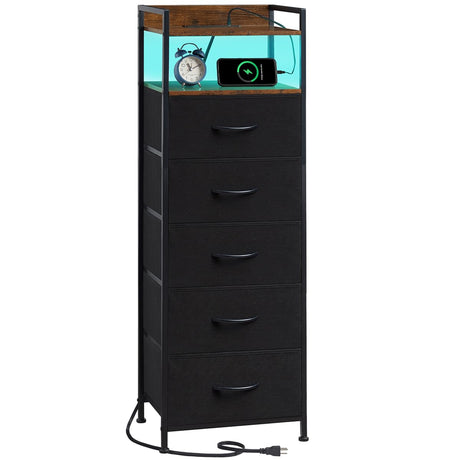 Somdot Black Nightstand with Charging Station and LED Light for Bedroom, Tall 5 Drawers Dresser with Fabric Bins for Bedside Kids Dorm Room Closet Laundry Entryway, Black Rustic Brown Somdot