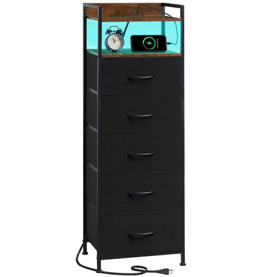 Somdot Black Nightstand with Charging Station and LED Light for Bedroom, Tall 5 Drawers Dresser with Fabric Bins for Bedside Kids Dorm Room Closet Laundry Entryway, Black Rustic Brown