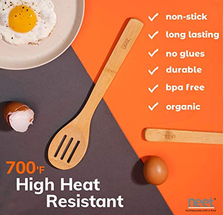 Neet Wooden Spoons For Cooking 6 Piece Organic Bamboo Utensil Set With Holder Wood Kitchen Utensils Spatula Spoon For High Heat Stirring In Nonstick Pots & Pans Quality Gift & Everyday Use NEET