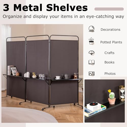 Giantex 3 Panel Room Divider with Wheels and Shelves, 103" W x 74" H Folding Privacy Screen, Rolling Partition Separator for Home Office Studio, Fabric Wall Divider for Room Separation (Brown) Giantex