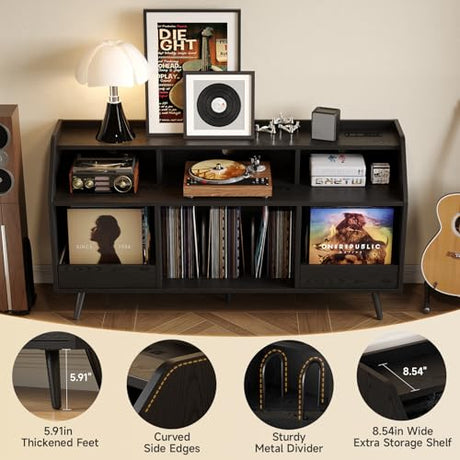 55 Inch Record Player Stand with LED Light, Modern Vinyl Record Storage Cabinet with 2 Drawers & Open Shelves, Holds up to 500 Albums, Turntable Stand w/Charging Station for Living Room Bedroom Black ONBRILL