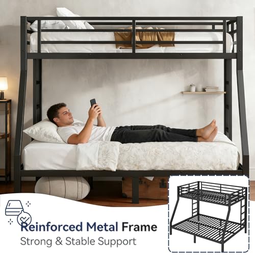 Bellemave Twin Over Full Bunk Bed with Ladders, Metal Bunk Beds Frame with Full-Length Guardrails, Heavy-Duty Bunkbed for Bedroom, Guest Room, Dorms, Noise-Reduce and No Spring Box Needed, Black Bellemave