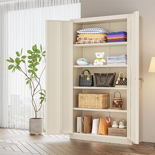 INTERGREAT Tall Metal Storage Cabinet Locking Steel with 4 Adjustable Shelves,72" Lockable Cabinets Lock 2 Doors for Office Garage Supply Home (Cream Gray) INTERGREAT