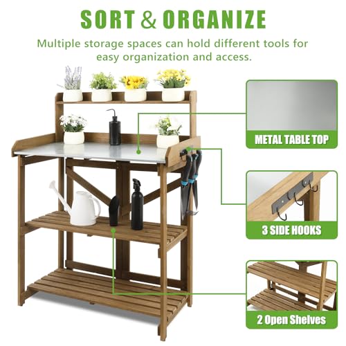 PetsCosset Folding Garden Potting Bench Table，Outdoor Wooden Work Station W/Metal Table Top,2 Tier Open Storage Rack,Top Shelf-Natural Stained - WoodArtSupply