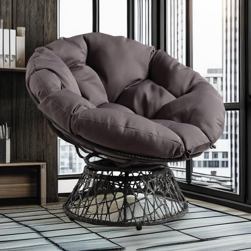 OSP Home Furnishings Wicker Papasan Chair with 360-Degree Swivel, Grey Frame with Grey Cushion OSP Home Furnishings
