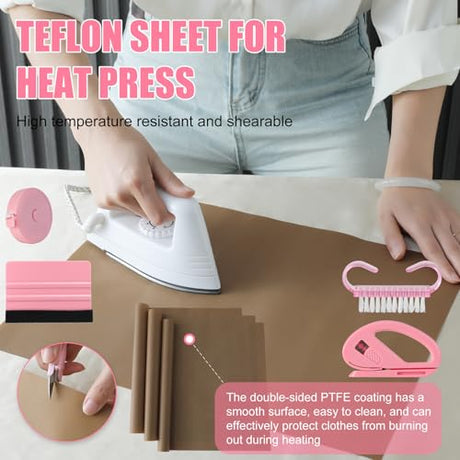 XEUZK Sublimation Shirts Tool Pink Kit With 8T Shirt rulers, 3Pack Teflon Sheet for Heat Press 12 x 16in, Heat Resistant Gloves & Silicone Bumps, 4Rolls Heat Resistant Tape& Tape Dispenser Sublimation XEUZK