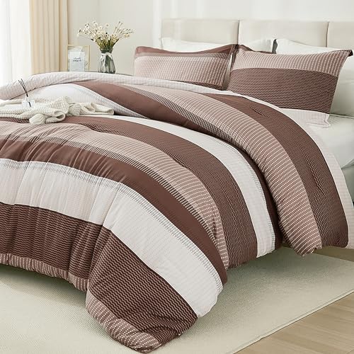 Litanika Brown Comforter Set Twin/Twin XL - 2 Pieces Lightweight Brown White Colorblock Stripe Fluffy Bedding Comforter Sets, All Season Bed Set Litanika