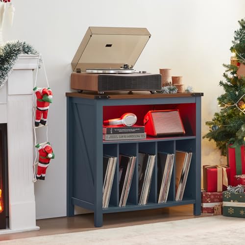 Joaxswe Large Record Player Stand with Charging Station & LED Lights, Vinyl Records Storage Holder Cabinet Holds up to 230 Albums, Turntable Stand for Music Room, Bedroom, Living Room, Office (Blue) Joaxswe