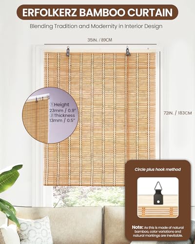 Erfolkerz 35" Wx72 H Bamboo Blinds Roller Shades for Indoor Windows, Blackout Bamboo Curtain Roll Up wiht Cord, Privacy Roman Shade for Interior/Exterior Windows, Mounting Hardware Included Erfolkerz